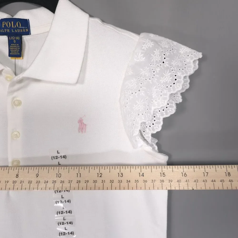POLO RALPH LAUREN Kids Girls New Polo Shirt LARGE 12-14 White Flutter Sleeve‎
